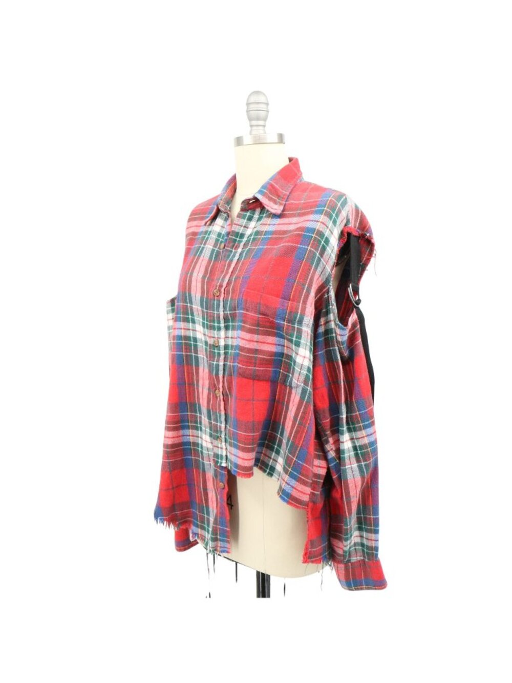 Furst of a Kind Plaid Flannel Asymmetrical Shirt Top Open Shoulders